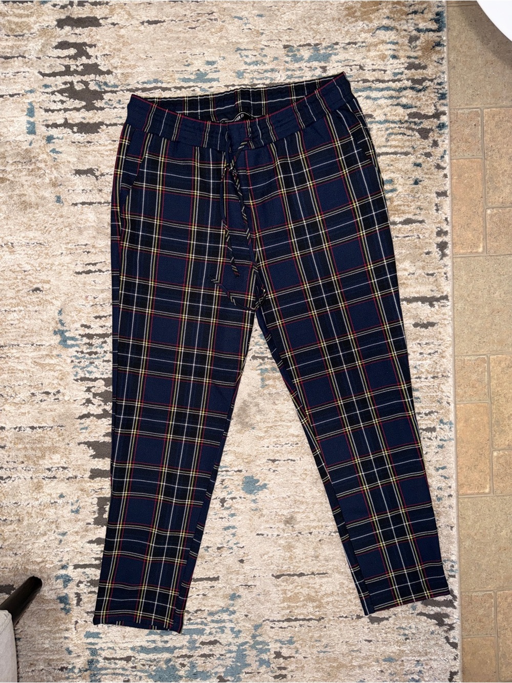 Forever 21 Navy Plaid Men's Trousers with Red and Yellow Accents